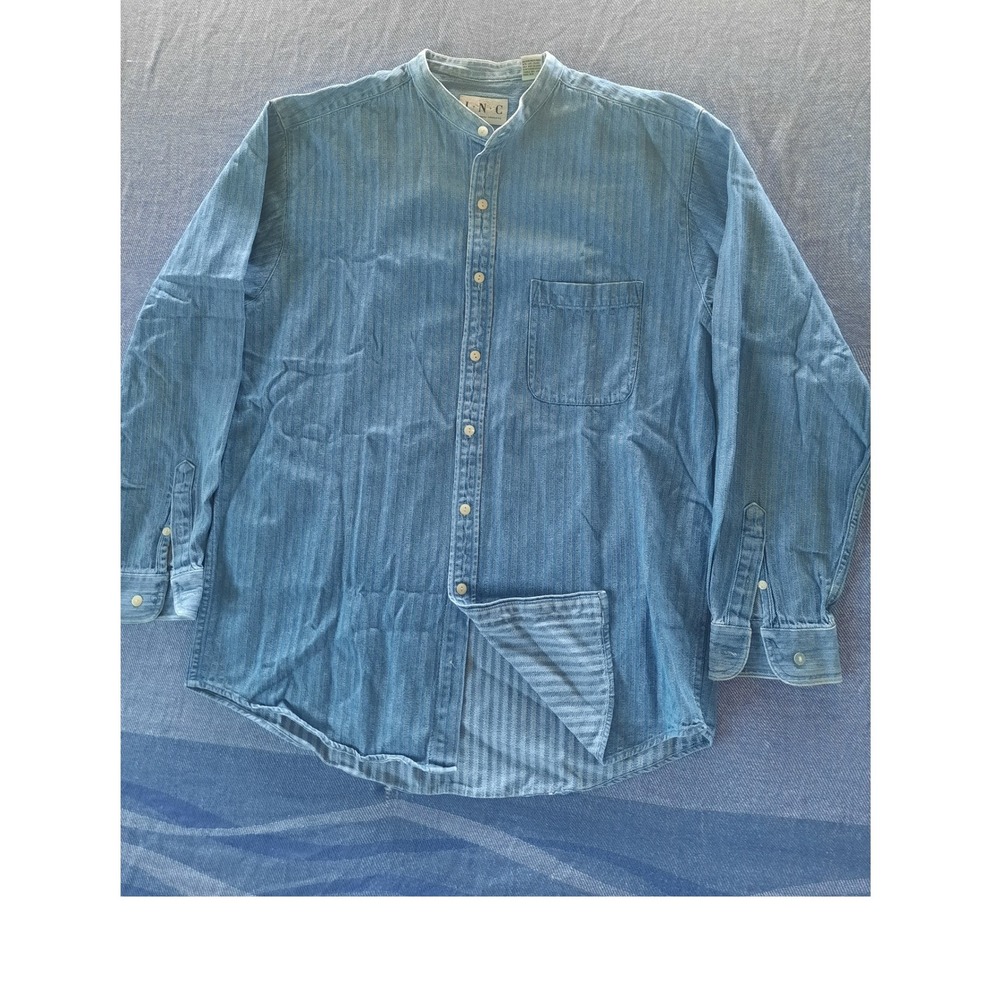INC International Concepts Men Blue Chambray Mandarin Collar Stripe Shirt Medium